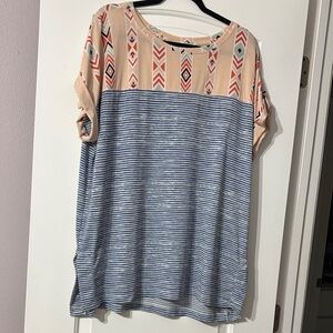 LuLaRoe Geometric and Striped Tunic in Blue and Beige